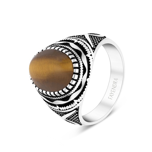 Sterling Silver 925 Ring Rhodium Plated Yellow Tiger Eye For Men