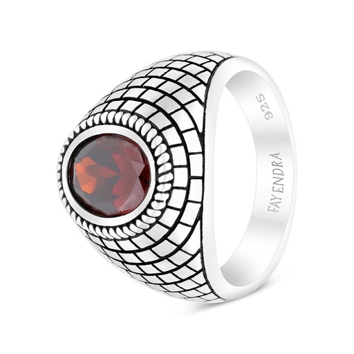 Sterling Silver 925 Ring Rhodium Plated Garnet CZ For Men