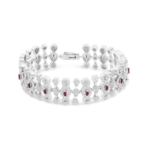 [BRC01RUB00WCZA805] Sterling Silver 925 Bracelet Rhodium Plated Embedded With Ruby Corundum And White CZ