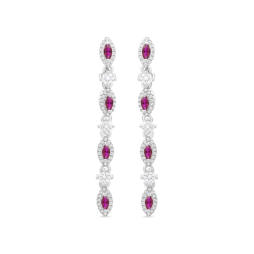 [EAR01RUB00WCZB643] Sterling Silver 925 Earring Rhodium Plated Embedded With Ruby Corundum And White CZ