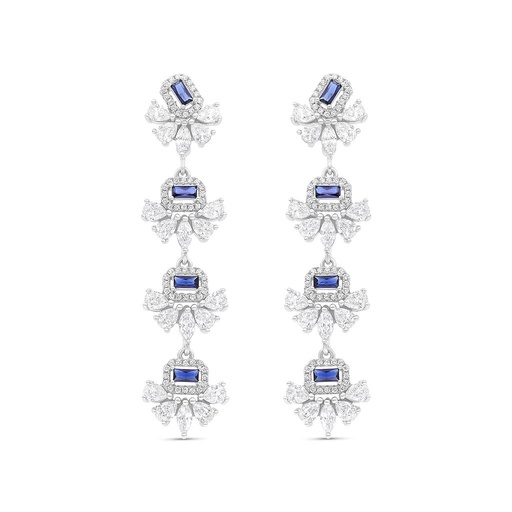 [EAR01SAP00WCZB648] Sterling Silver 925 Earring Rhodium Plated Embedded With Sapphire Corundum And White CZ