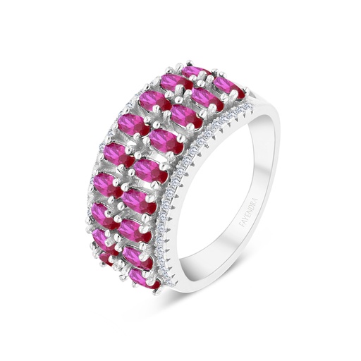 Sterling Silver 925 Ring Rhodium Plated Embedded With Ruby Corundum And White CZ