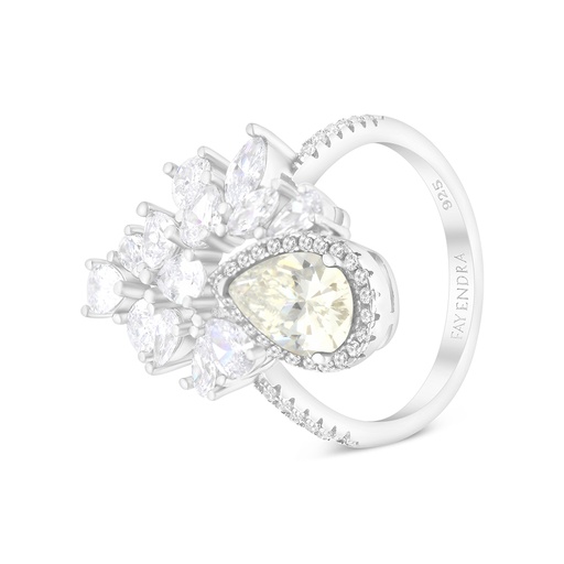 Sterling Silver 925 Ring Rhodium Plated Embedded With Yellow Zircon And White CZ