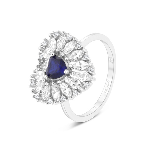 Sterling Silver 925 Ring Rhodium Plated Embedded With Sapphire Corundum And White CZ