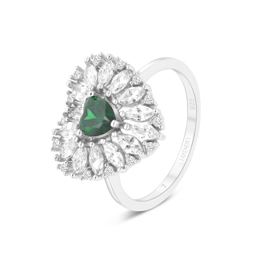 Sterling Silver 925 Ring Rhodium Plated Embedded With Emerald And White CZ