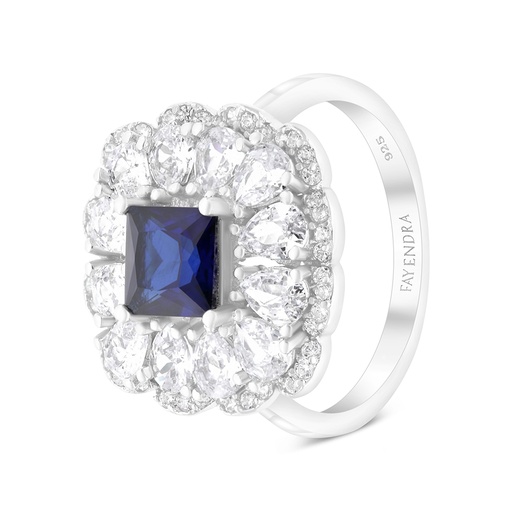 Sterling Silver 925 Ring Rhodium Plated Embedded With Sapphire Corundum And White CZ