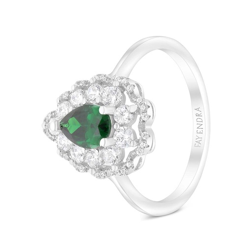 Sterling Silver 925 Ring Rhodium Plated Embedded With Emerald And White CZ