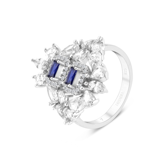 Sterling Silver 925 Ring Rhodium Plated Embedded With Sapphire Corundum And White CZ