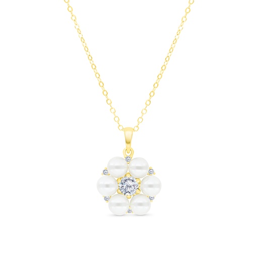 [NCL02PRL00WCZA620] Sterling Silver 925 Necklace Gold Plated Embedded With White Shell Pearl And White CZ