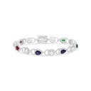 Sterling Silver 925 Bracelet Rhodium Plated Embedded With Sapphire Corundum , Ruby Corundum , Emerald Zircon And White CZ