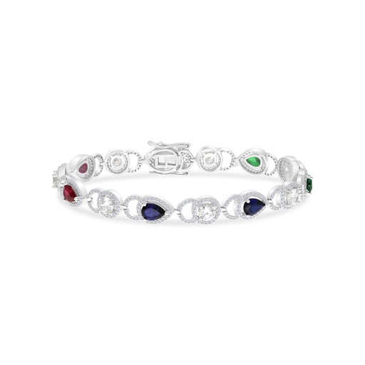 [BRC01MLS00WCZA790] Sterling Silver 925 Bracelet Rhodium Plated Embedded With Sapphire Corundum , Ruby Corundum , Emerald Zircon And White CZ