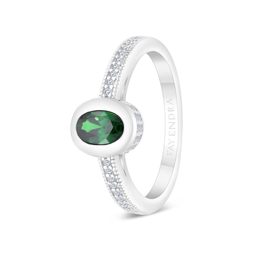 Sterling Silver 925 Ring Rhodium Plated Embedded With Emerald And White CZ