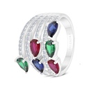 Sterling Silver 925 Ring Rhodium Plated Embedded With Sapphire Corundum , Ruby Corundum , Emerald Zircon And White CZ