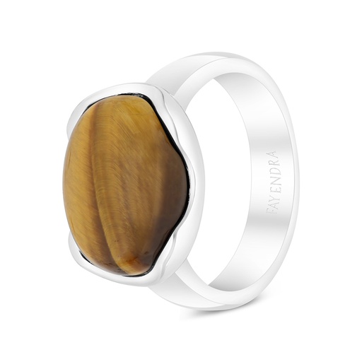 Sterling Silver 925 Ring Rhodium Plated Embedded With Yellow Tiger Eye For Men