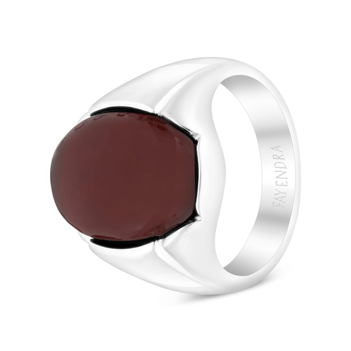 Sterling Silver 925 Ring Rhodium Plated Embedded With Red Natural Aqiq For Men 