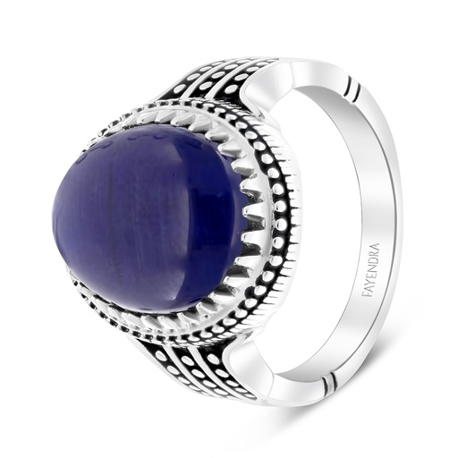 Sterling Silver 925 Ring Rhodium Plated Embedded With Blue Tiger Eye For Men