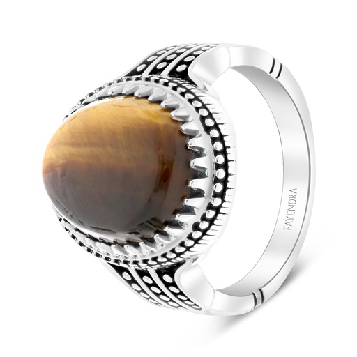 Sterling Silver 925 Ring Rhodium Plated Embedded With Yellow Tiger Eye For Men 