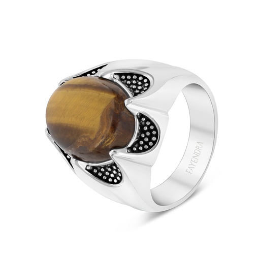 Sterling Silver 925 Ring Rhodium Plated Embedded With Yellow Tiger Eye For Men 