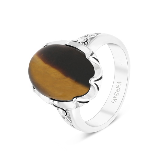 Sterling Silver 925 Ring Rhodium Plated Embedded With Yellow Tiger Eye For Men 