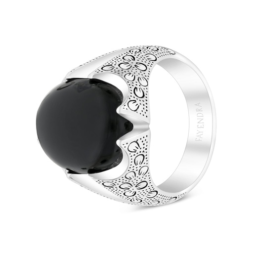 Sterling Silver 925 Ring Rhodium Plated Embedded With Black Agate For Men