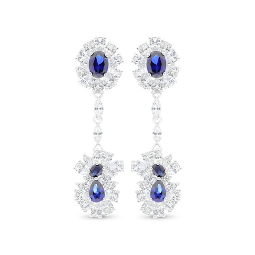 [EAR01SAP00WCZB695] Sterling Silver 925 Earring Rhodium Plated Embedded With Sapphire Corundum And White CZ
