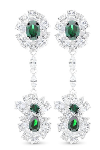 [EAR01EMR00WCZB695] Sterling Silver 925 Earring Rhodium Plated Embedded With Emerald And White CZ