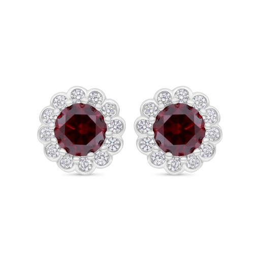 [EAR01RUB00WCZB698] Sterling Silver 925 Earring Rhodium Plated Embedded With Ruby Corundum And White CZ