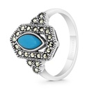 Sterling Silver 925 Ring Embedded With Natural Processed Turquoise And Marcasite Stones