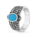 Sterling Silver 925 Ring Embedded With Natural Processed Turquoise And Marcasite Stones