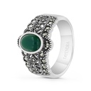 Sterling Silver 925 Ring Embedded With Natural Green Agate And Marcasite Stones