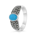 Sterling Silver 925 Ring Embedded With Natural Processed Turquoise And Marcasite Stones