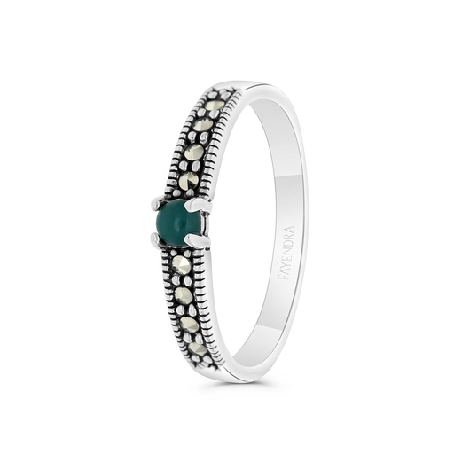 Sterling Silver 925 Ring Embedded With Natural Green Agate And Marcasite Stones