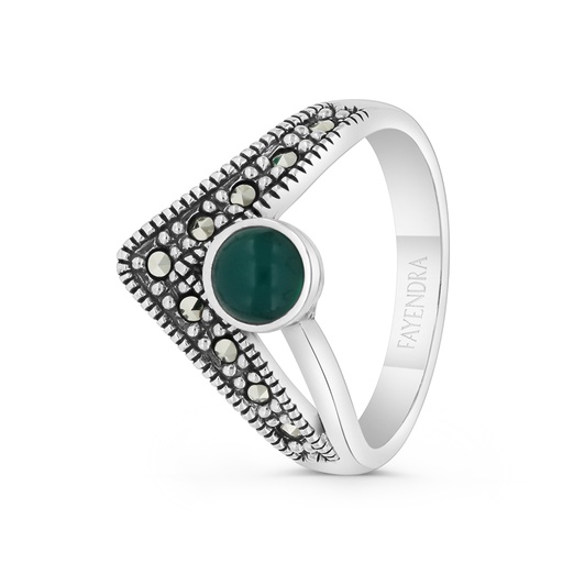 Sterling Silver 925 Ring Embedded With Natural Green Agate And Marcasite Stones