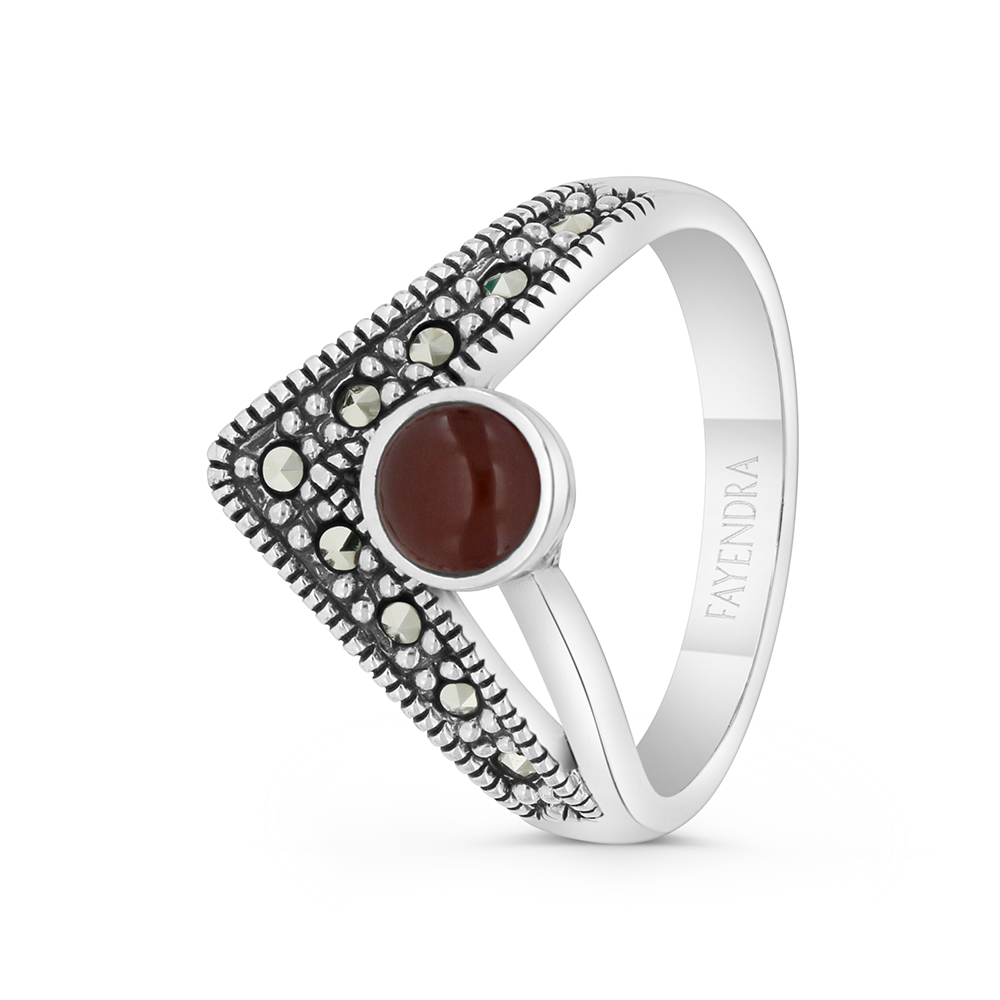 Sterling Silver 925 Ring Embedded With Natural Aqiq And Marcasite Stones