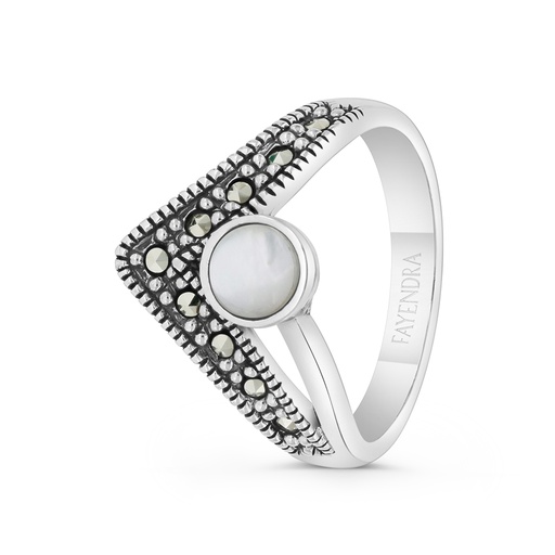 Sterling Silver 925 Ring Embedded With Natural White Shell And Marcasite Stones