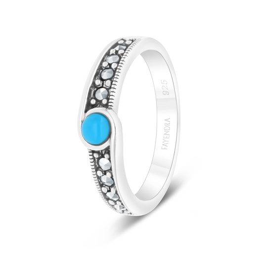 Sterling Silver 925 Ring Embedded With Natural Processed Turquoise And Marcasite Stones