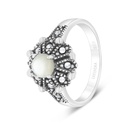 Sterling Silver 925 Ring Embedded With Natural White Shell And Marcasite Stones