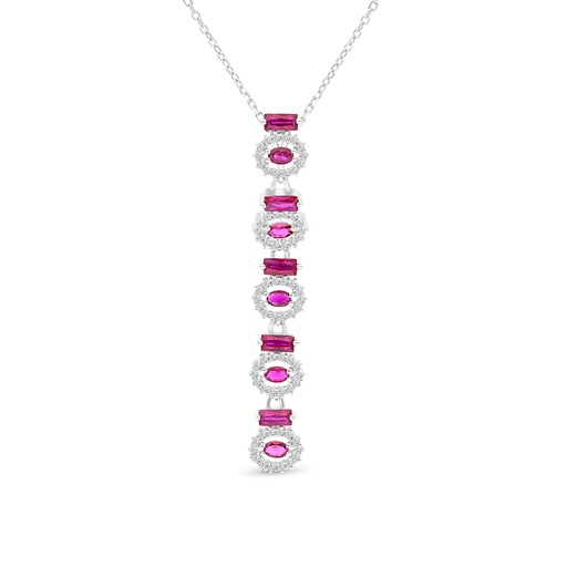 [NCL01RUB00WCZA780] Sterling Silver 925 Necklace Rhodium Plated Embedded With Ruby Corundum And White CZ
