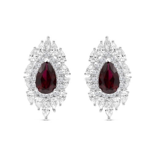 [EAR01RUB00WCZB767] Sterling Silver 925 Earring Rhodium Plated Embedded With Ruby Corundum And White CZ