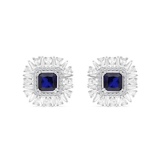 [EAR01SAP00WCZB771] Sterling Silver 925 Earring Rhodium Plated Embedded With Sapphire Corundum And White CZ