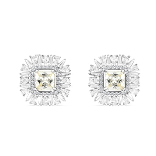 [EAR01CIT00WCZB771] Sterling Silver 925 Earring Rhodium Plated Embedded With Yellow Zircon And White CZ