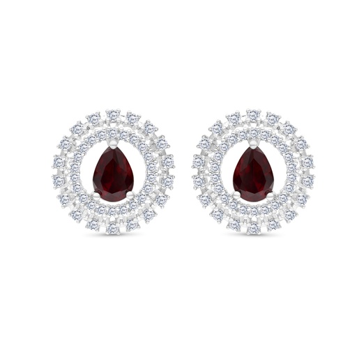[EAR01RUB00WCZB776] Sterling Silver 925 Earring Rhodium Plated Embedded With Ruby Corundum And White CZ