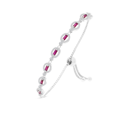 [BRC01RUB00WCZA912] Sterling Silver 925 Bracelet Rhodium Plated Embedded With Ruby Corundum And White CZ