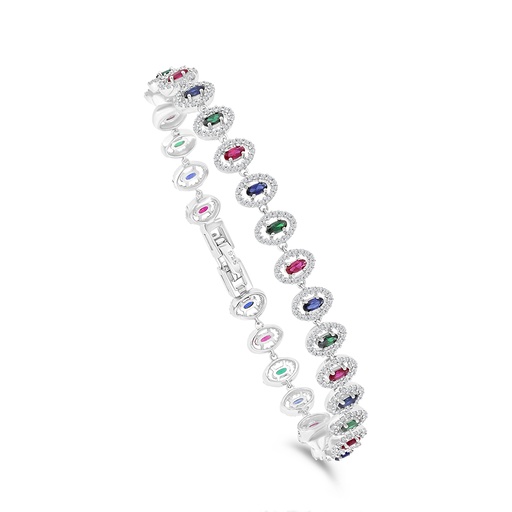 [BRC01MLS00WCZA917] Sterling Silver 925 Bracelet Rhodium Plated Embedded With Sapphire Corundum , Ruby Corundum , Emerald Zircon And White CZ