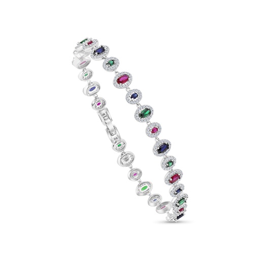 [BRC01MLS00WCZA918] Sterling Silver 925 Bracelet Rhodium Plated Embedded With Sapphire Corundum , Ruby Corundum , Emerald Zircon And White CZ