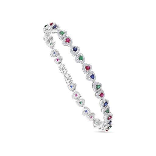 [BRC01MLS00WCZA950] Sterling Silver 925 Bracelet Rhodium Plated Embedded With Sapphire Corundum , Ruby Corundum , Emerald Zircon And White CZ