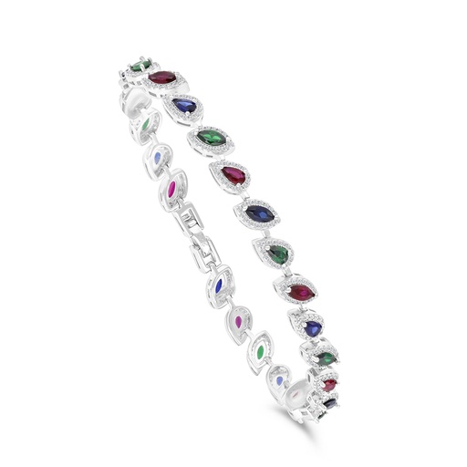 [BRC01MLS00WCZA952] Sterling Silver 925 Bracelet Rhodium Plated Embedded With Sapphire Corundum , Ruby Corundum , Emerald Zircon And White CZ