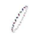 Sterling Silver 925 Bracelet Rhodium Plated Embedded With Sapphire Corundum , Ruby Corundum , Emerald Zircon And White CZ