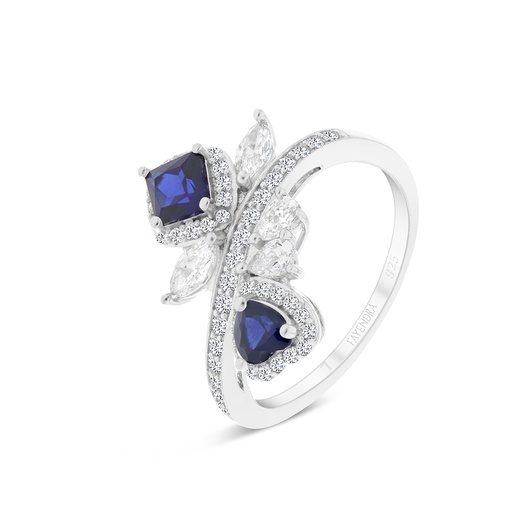 Sterling Silver 925 Ring Rhodium Plated Embedded With Sapphire CorundumAnd White CZ