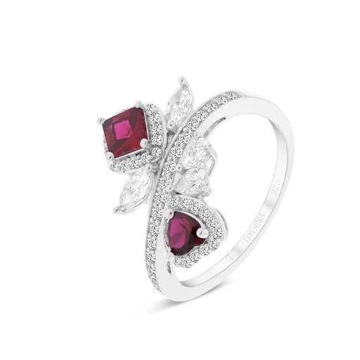 Sterling Silver 925 Ring Rhodium Plated Embedded With Ruby Corundum And White CZ